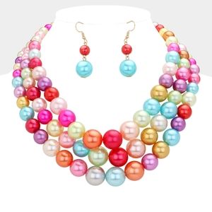 MultiColored Pearls MultiStrand Layered Bib Necklace Set Triple Row